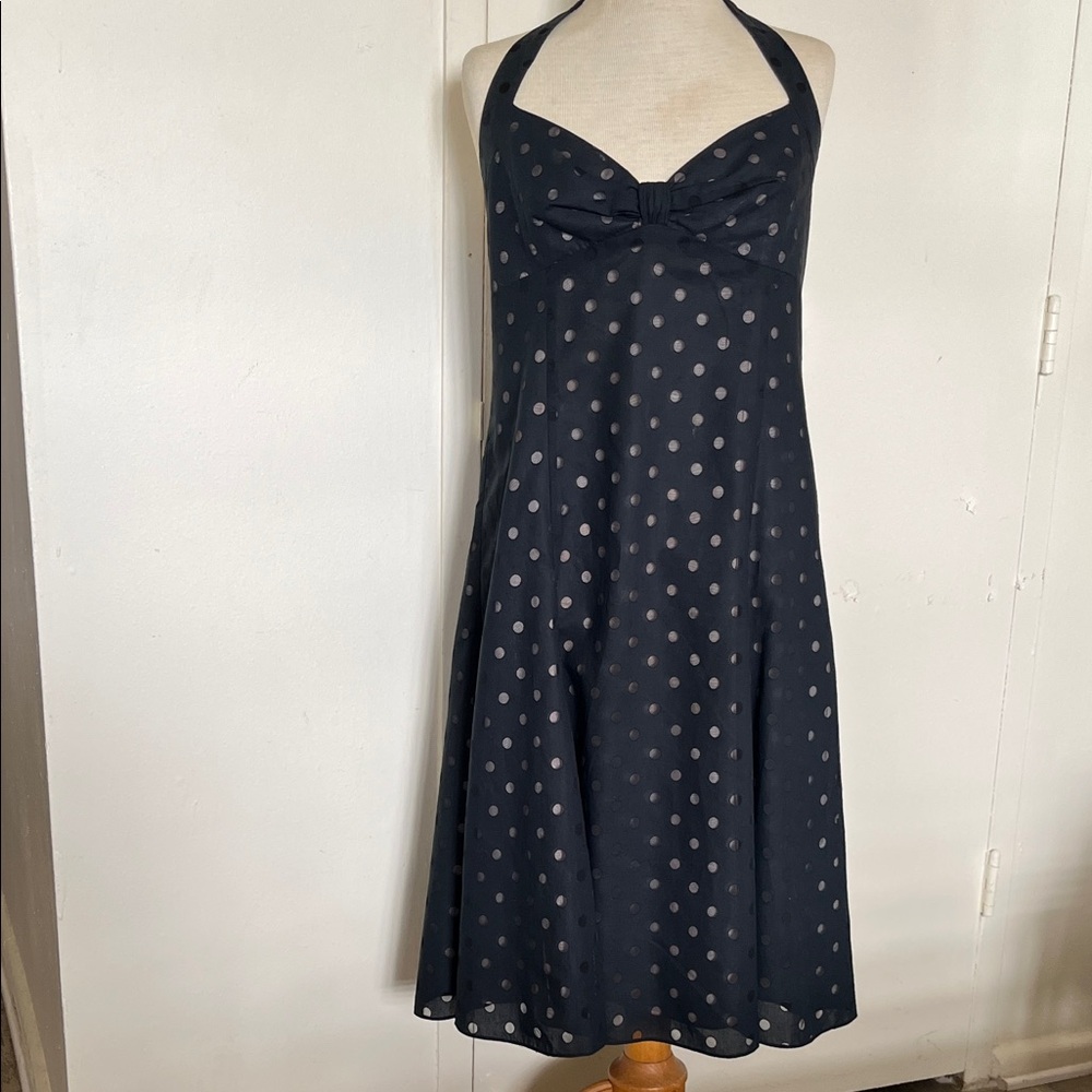 Maggy London Black Polka Dot Halter Midi Dress with Light Tan Lining Size 14